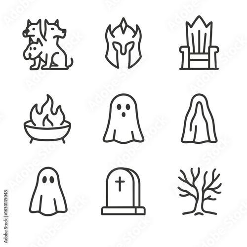 Underworld Icon Set. Outline icon set of mythological underworld: cerberus, Hades’ helm, pitchfork, dark throne, flaming pit,