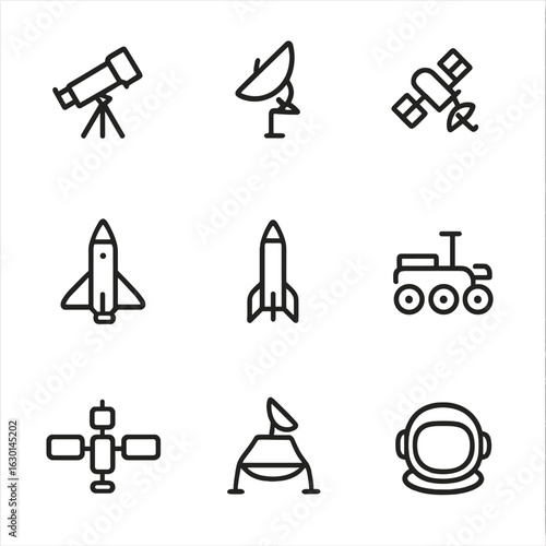 Universe Exploration Icons. Outline icon set of universe exploration tools: telescope, space probe, satellite, space shuttle,