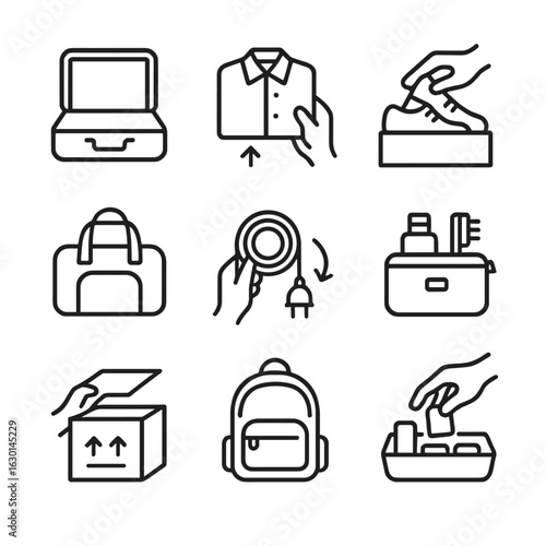 Unpacking Icon Set. Outline icon set of unpacking actions: open suitcase, remove clothes, take out shoes, unfold bag, unroll cable