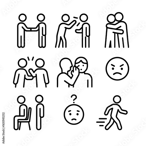 Unpredictable Social Icons. Outline icon set of unpredictable social interactions: handshake, argument, surprise hug, ignoring,