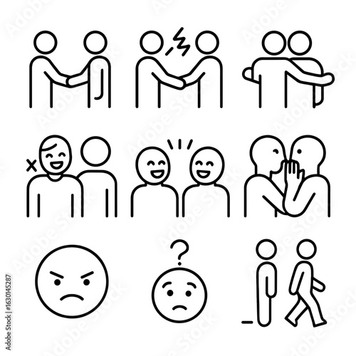 Unpredictable Social Icons. Outline icon set of unpredictable social interactions: handshake, argument, surprise hug, ignoring,