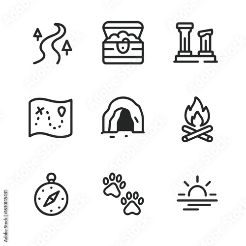 Untamed Adventure Icons. Outline icon set of untamed adventure: winding path, hidden treasure, ancient ruins, mysterious map,