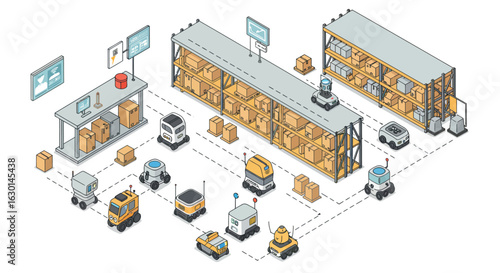 Isometric warehouse automation with robotics and smart logistics management
