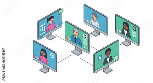 Virtual meeting concept with isometric video call screens and diverse participants