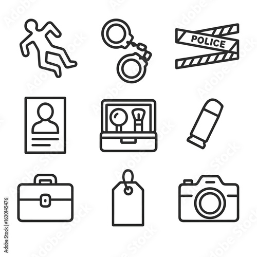 Unsolved Crime Icons. Outline icon set of unsolved crime: chalk outline, handcuffs, police tape, missing person poster, forensic