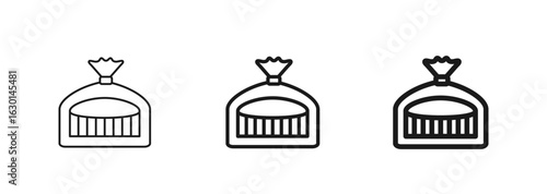 Sliced bread in a tied plastic bag icon in thin, regular, and bold outline. Perfect for bakery, grocery, or food designs. Ideal for mobile apps, web pages, menus, packaging, and branding. Vector