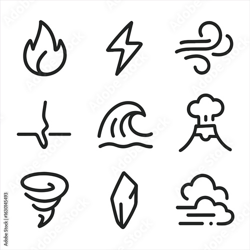 Untamed Elements Icons. Outline icon set of untamed elements: fire flame, lightning bolt, gust of wind, earthquake crack, flood