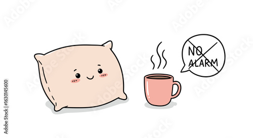 Cozy pillow and coffee cup with no alarm concept in cute cartoon style