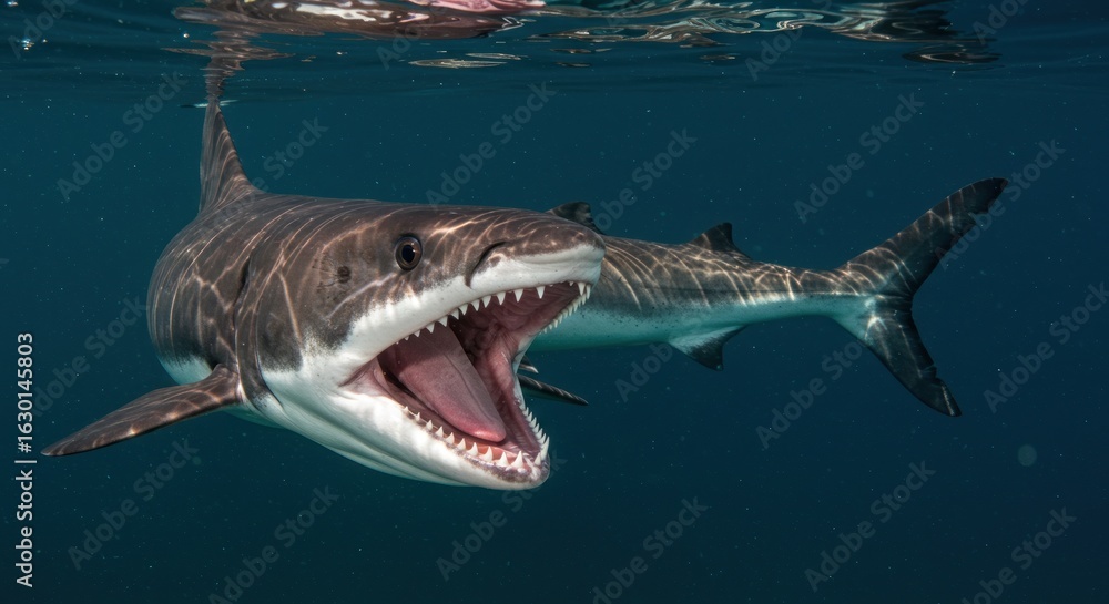 Fototapeta premium A sand tiger shark with its mouth open, swimming underwater, showcasing its sharp teeth and dark coloration.