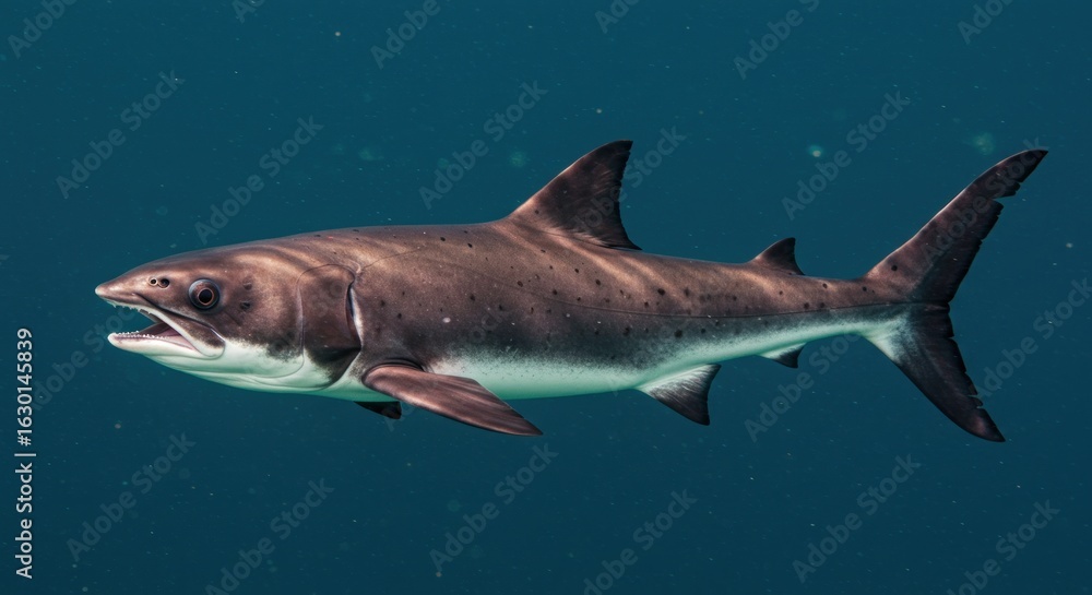 Fototapeta premium A large shark swims gracefully through the ocean, its body visible.