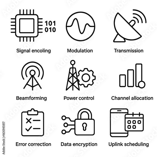 Uplink Transmission Icons. Outline icon set of uplink transmission processes: signal encoding, modulation, transmission,