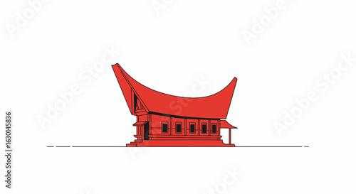 Stunning minimalist illustration of Toraja traditional house, vibrant red color, unique architecture, cultural icon