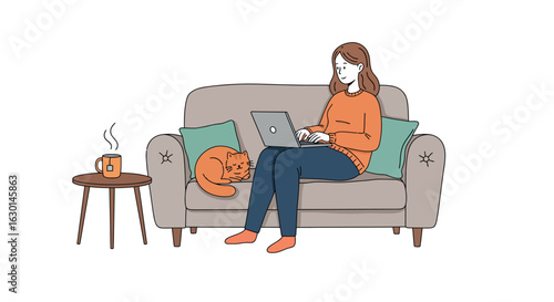 Woman relaxing with laptop on cozy sofa with sleeping cat and coffee