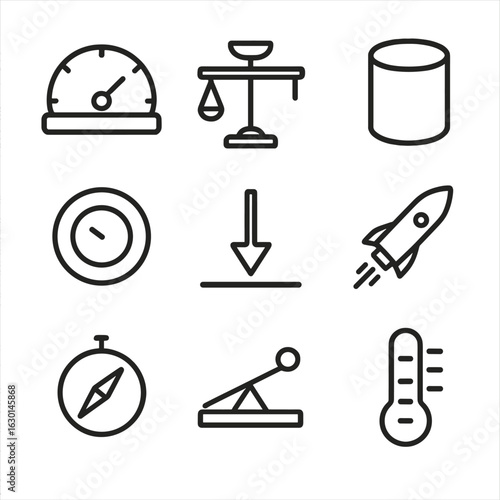 Uranus System Icons. Outline icon set of Uranus system metrics: equatorial radius gauge, mass scale indicator, volume cylinder,