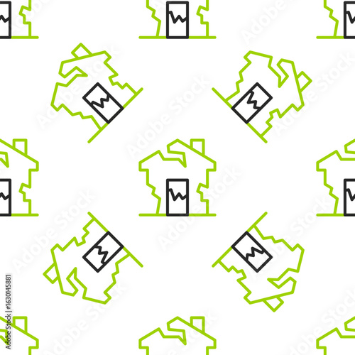 Line Ruined house icon isolated seamless pattern on white background. Broken house. Derelict home. Abandoned home. Vector