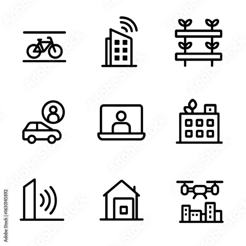 Urban and Concert Icons. Outline icon set of urban adaptation: bicycle lane, smart building, vertical farm, car sharing, mobile