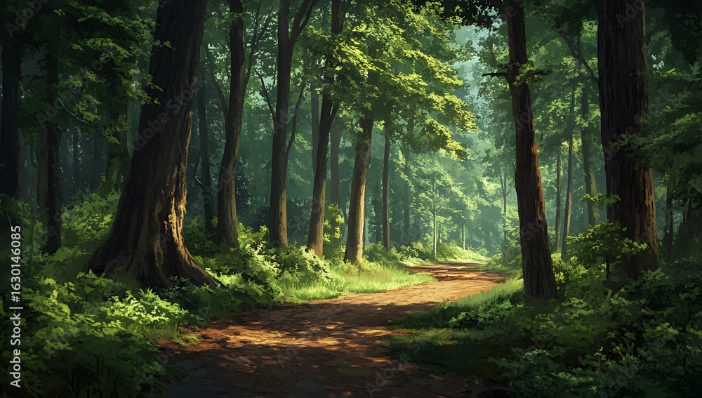 Naklejka premium Sunlight filters through a dense forest onto a winding dirt path