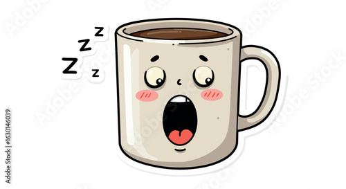 Cute kawaii coffee mug with sleepy face and zzz symbols
