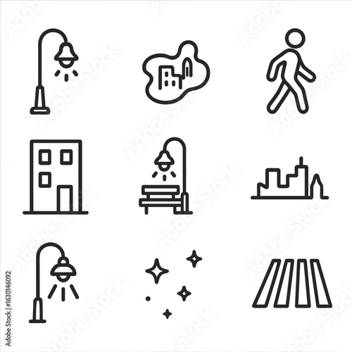 Urban Night Icon Set. Outline icon set of urban night walk: streetlamp, sidewalk puddle reflection, pedestrian silhouette,
