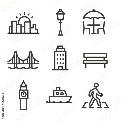 Urban Silhouette Icons. Outline icon set of sunset urban and cityscape: skyline silhouette, street lamp, rooftop terrace, bridge