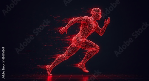 Abstract Red Wireframe Figure Running on Grid Background