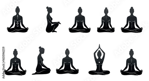Silhouette yoga poses with chakras on white background
