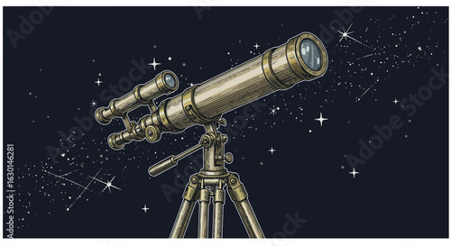 Retro telescope stargazing: detailed night sky scene with vintage telescope