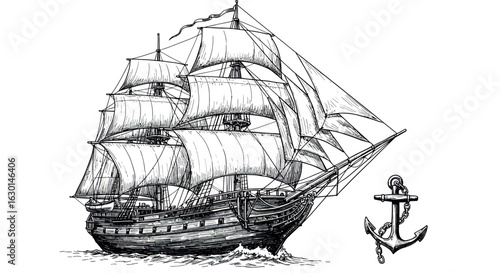 Hand-drawn sailing ship with anchor: intricate vintage nautical art