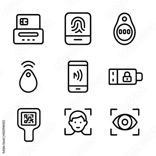 User ID Devices Icons. Outline icon set of user identification devices: smart card reader, biometric scanner, token generator,