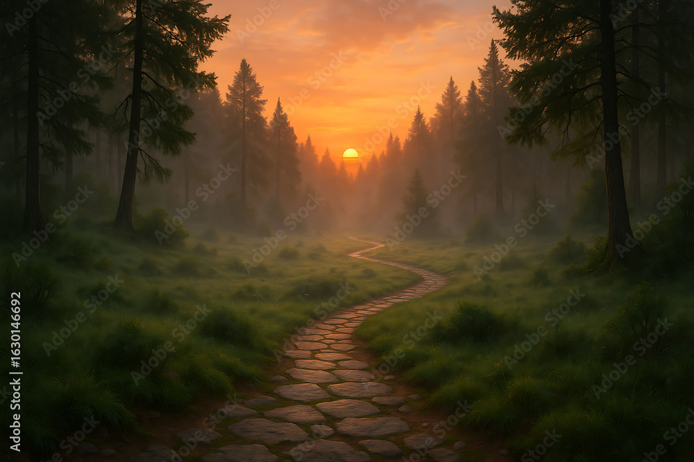 Obraz premium Winding stone path leads through a magical misty forest of tall pine trees towards a beautiful warm sunset creating a scene of peaceful adventure.