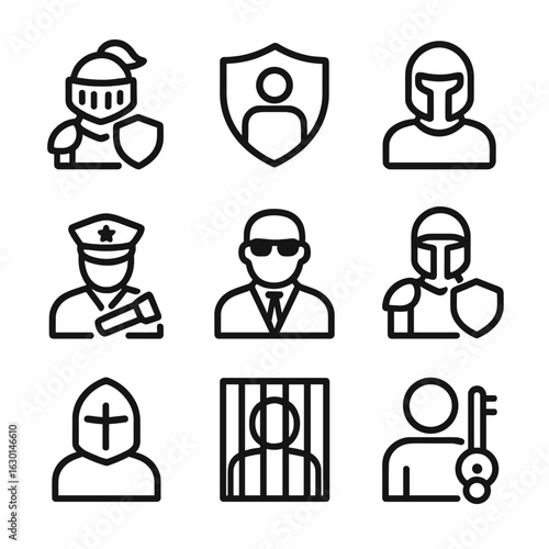 Guardian Roles Icons. Outline icon set of guardian roles: knight, protector, sentinel, watchman, bodyguard, defender, paladin,
