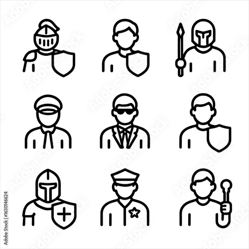 Guardian Roles Icons. Outline icon set of guardian roles: knight, protector, sentinel, watchman, bodyguard, defender, paladin,