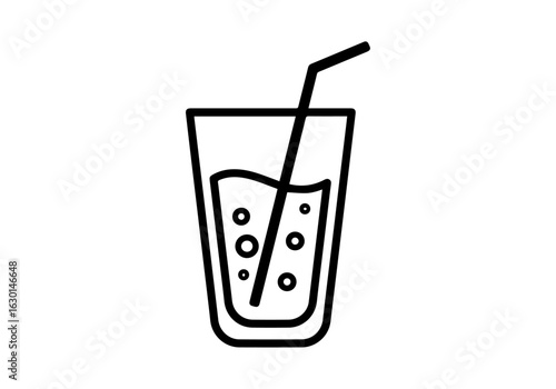 Outline icon of a cold beverage in a glass with a straw. Vector graphic of sparkling water or a soft drink for menus and web design.