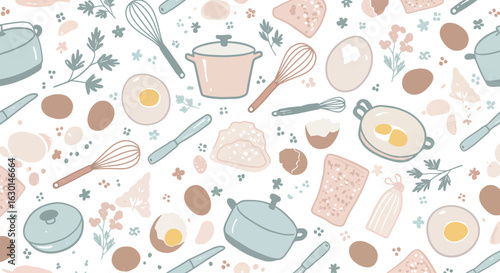 Wallpaper Mural Seamless pattern with cooking utensils and ingredients in pastel colors Torontodigital.ca