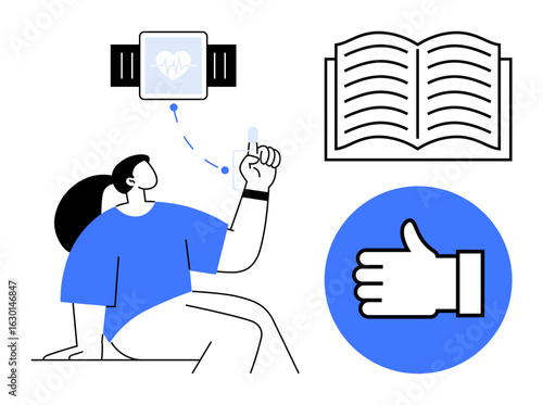 Person using smartwatch for fitness tracking, open book symbolizing learning, and thumbs-up icon conveying success. Ideal for wellness, education, technology, health, motivation, productivity simple