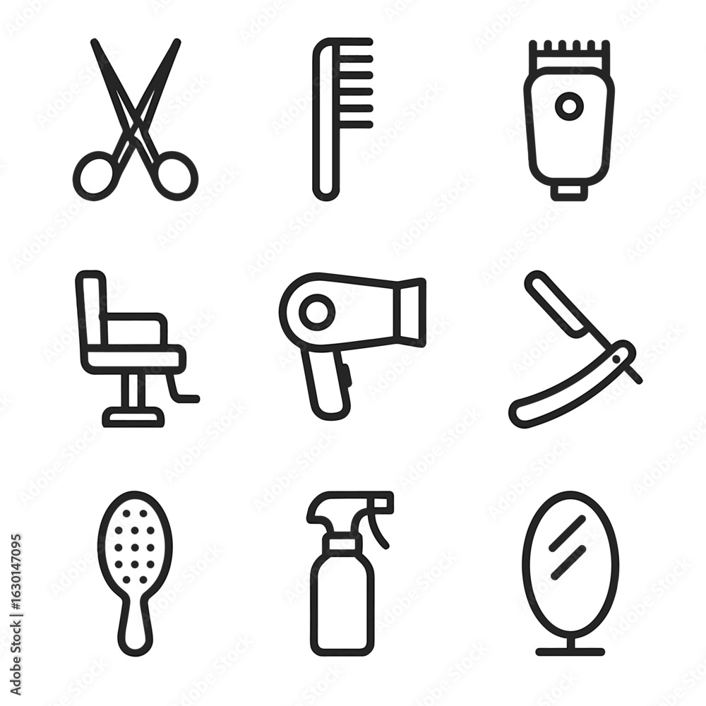 Fototapeta premium Hair Cutting Tools Icons. Outline icon set of hair cutting: scissors, comb, hair clipper, barber chair, hair dryer, razor,