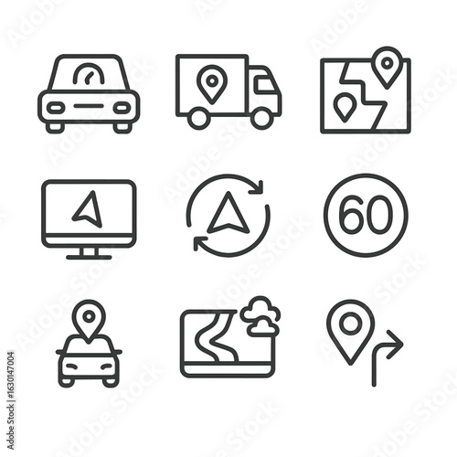 Vehicle GPS Icon Set. Outline icon set of GPS in vehicles: car navigation, truck route, map directions, dashboard GPS, route