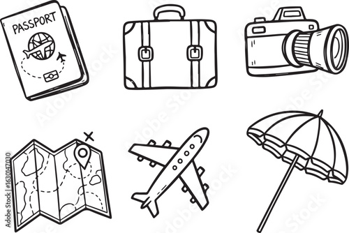 Charming hand drawn travel icons depicting various modes of transport landmarks and activities for a global adventure theme