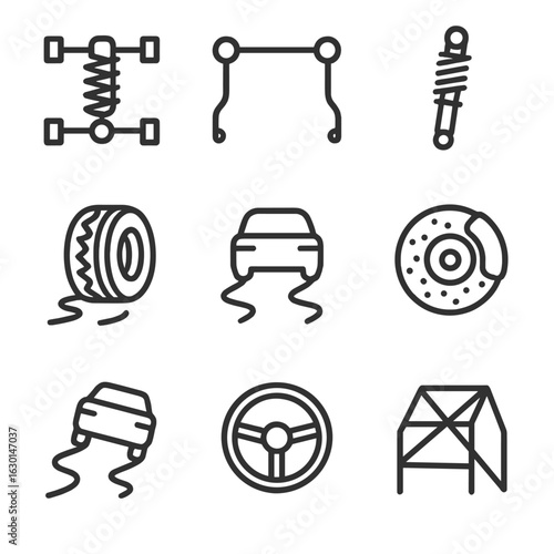 Vehicle Stabilization Icons. Outline icon set of stabilization in vehicles: suspension system, anti-roll bar, shock absorber, tire