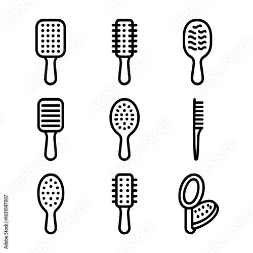 Hairbrush Icon Set. Outline icon set of hairbrush types: paddle brush, round brush, detangling brush, vent brush, boar bristle