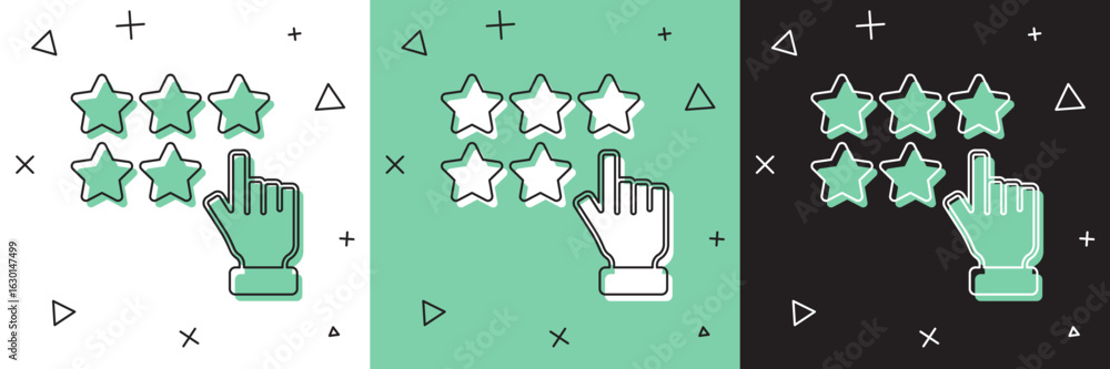 Obraz premium Set Five stars customer product rating review icon isolated on white and green, black background. Favorite, best rating, award symbol. Vector