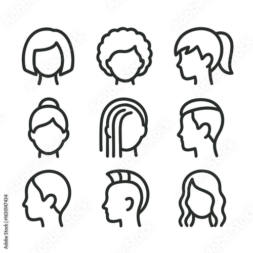 Hairstyle Icon Grid. Outline icon set of hairstyle styles: bob cut, afro, pixie cut, ponytail, bun, dreadlocks, mohawk, side shave