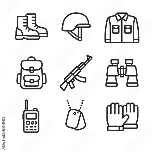 Veteran Gear Icons. Outline icon set of veteran gear: combat boots, helmet, uniform, backpack, rifle, binoculars, radio, dog tags,