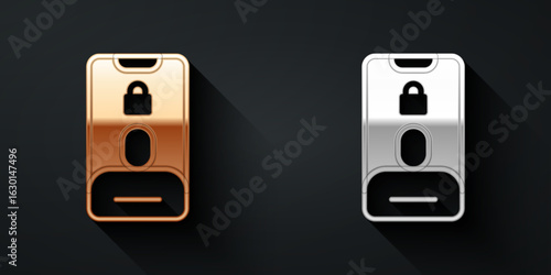 Gold and silver Incoming call on mobile phone icon isolated on black background. Friends call. Long shadow style. Vector