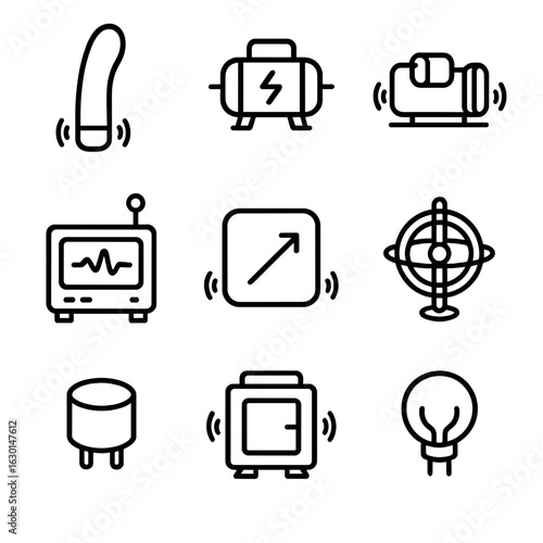 Vibration Devices Icons. Outline icon set of vibration devices: vibrator, motor, actuator, seismograph, accelerometer, gyroscope,