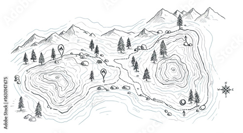 Hand-drawn mountain map with topographic lines and hiking trail