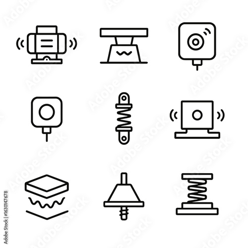 Vibration Equipment Icons. Outline icon set of vibration-related equipment: vibration motor, shaker table, vibration sensor,
