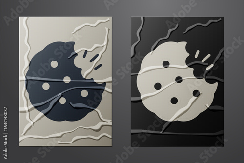 White Cookie or biscuit with chocolate icon isolated on crumpled paper background. Paper art style. Vector
