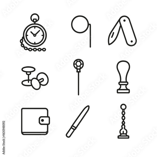 Vintage Accessories Icons. Outline icon set of vintage accessories: pocket watch chain, fob, monocle, pocket knife, cufflinks, hat