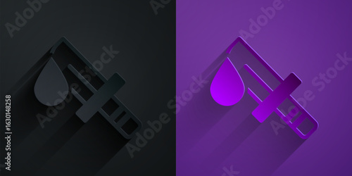 Paper cut Bloody knife icon isolated on black on purple background. Paper art style. Vector